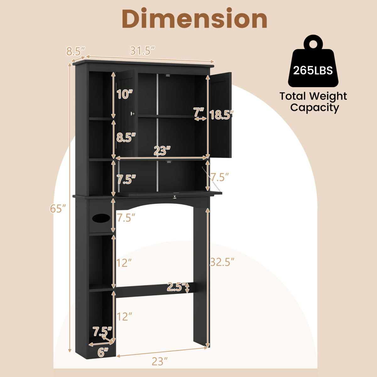 Over the Toilet Storage Cabinet with Adjustable Shelf and Bottom Bar
