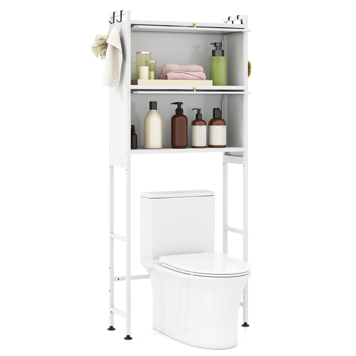 Over-the-Toilet Cabinet Storage Organizer with Flip-up Doors & Hooks, White