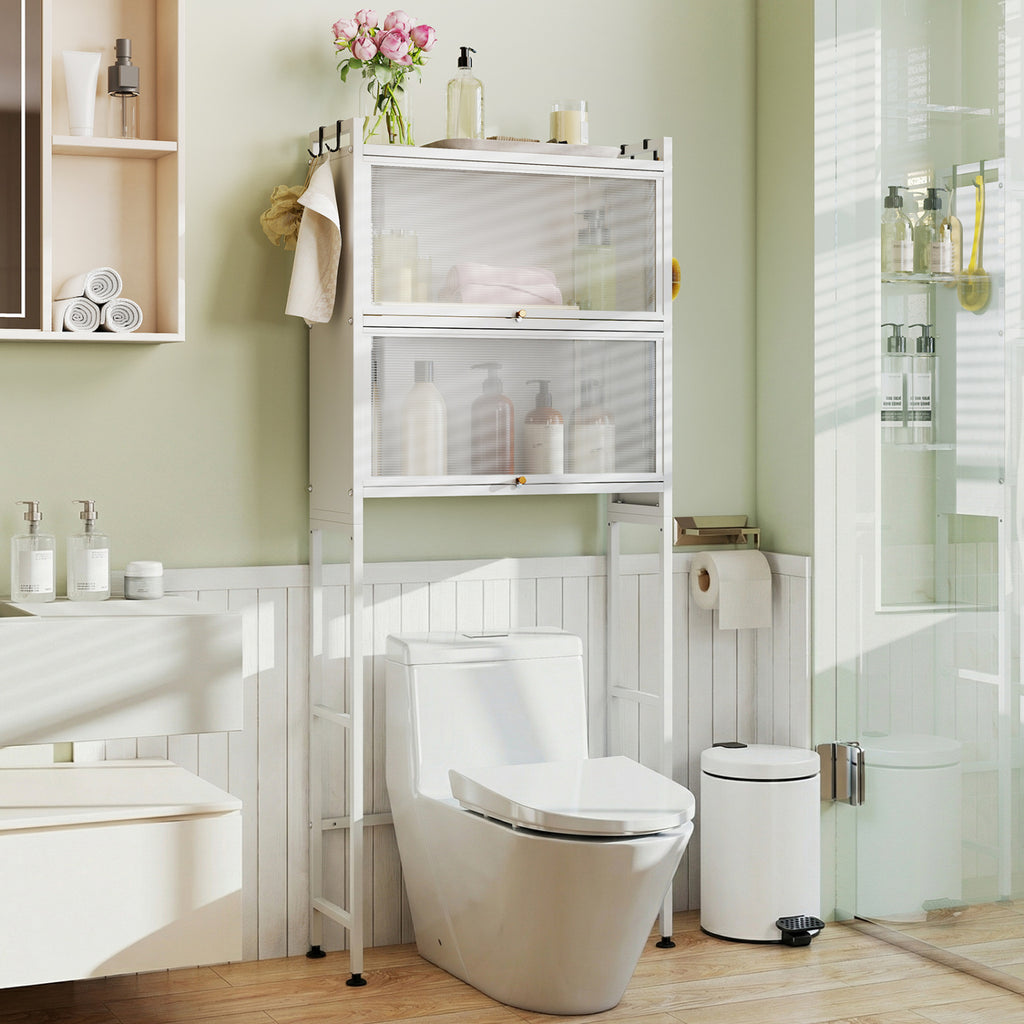 Over-the-Toilet Cabinet Storage Organizer with Flip-up Doors & Hooks, White
