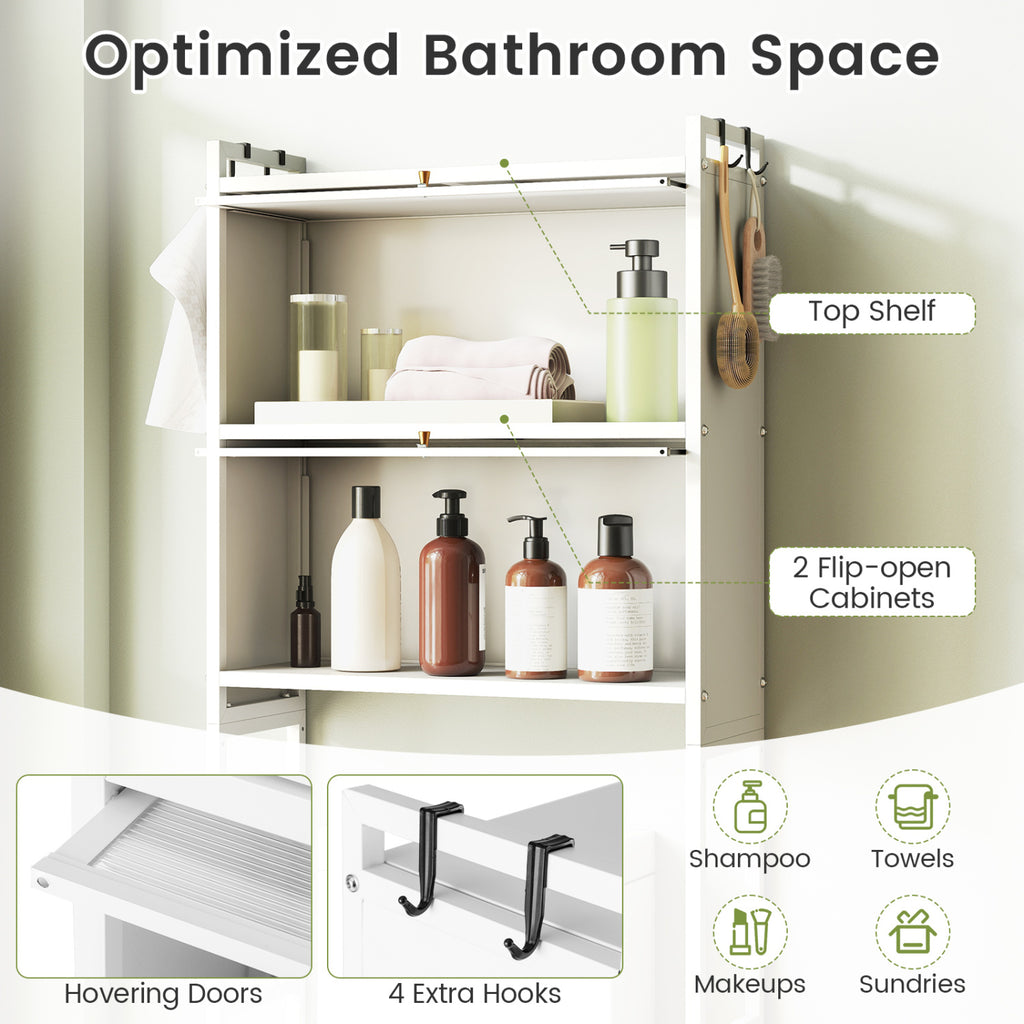 Over-the-Toilet Cabinet Storage Organizer with Flip-up Doors & Hooks, White