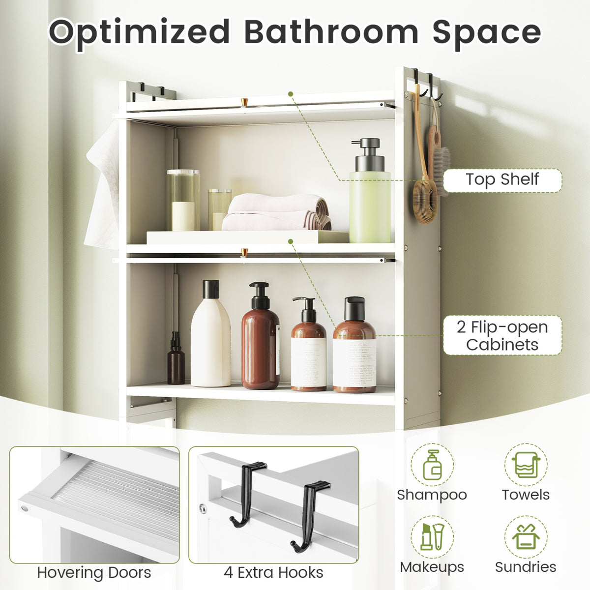 Over-the-Toilet Cabinet Storage Organizer with Flip-up Doors & Hooks, White