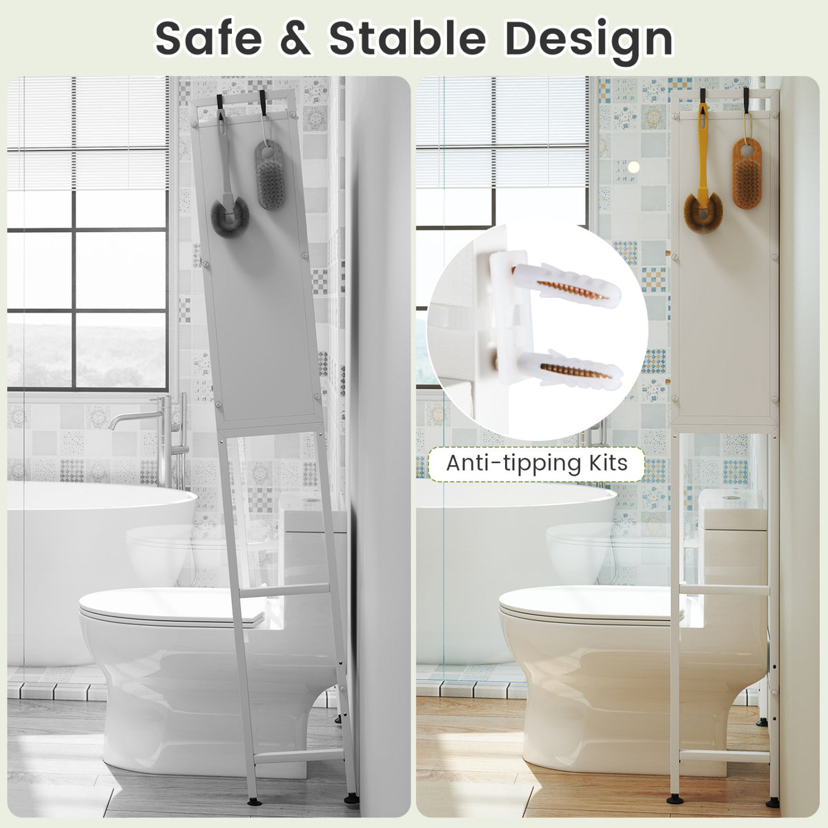 Over-the-Toilet Cabinet Storage Organizer with Flip-up Doors & Hooks, White