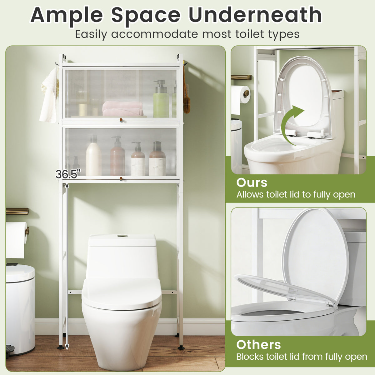 Over-the-Toilet Cabinet Storage Organizer with Flip-up Doors & Hooks, White