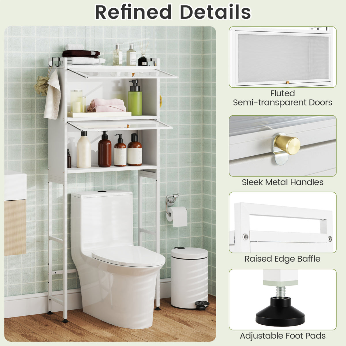 Over-the-Toilet Cabinet Storage Organizer with Flip-up Doors & Hooks, White