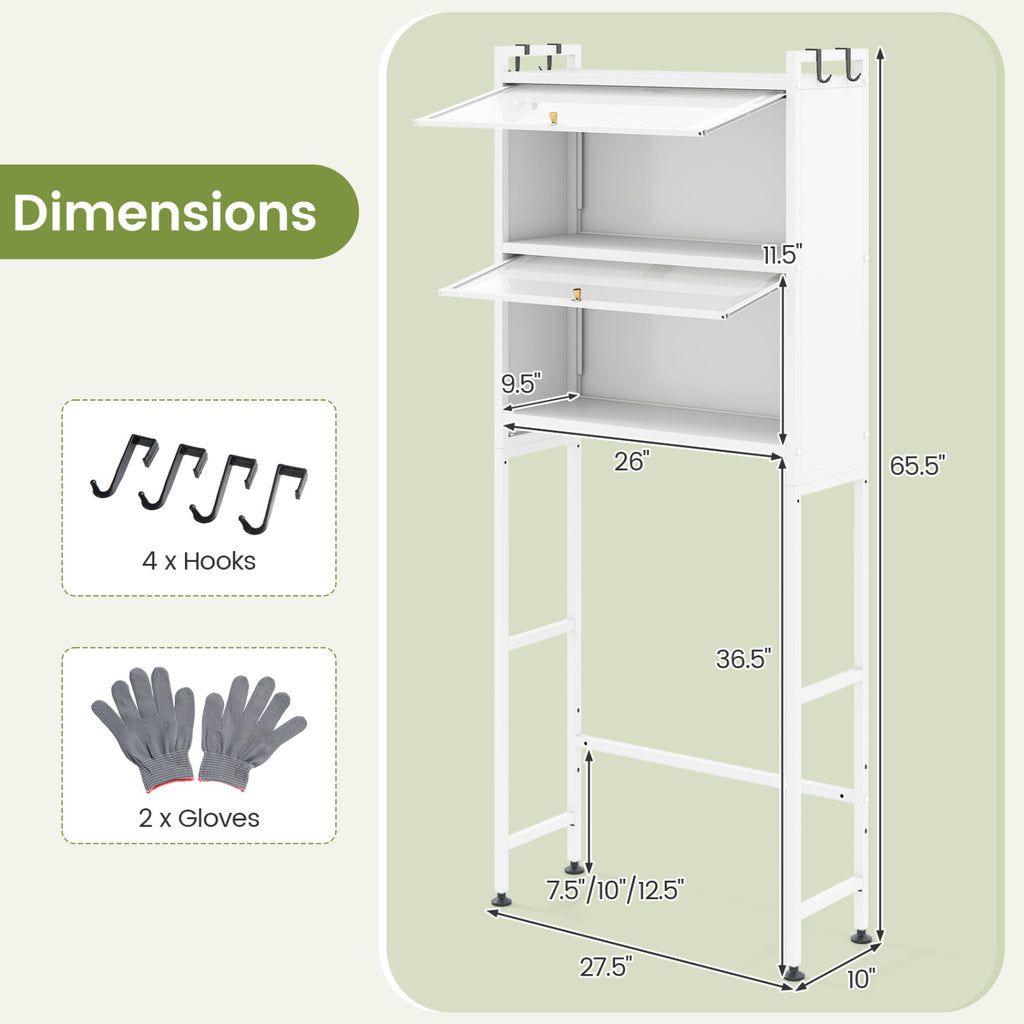 Over-the-Toilet Cabinet Storage Organizer with Flip-up Doors & Hooks, White