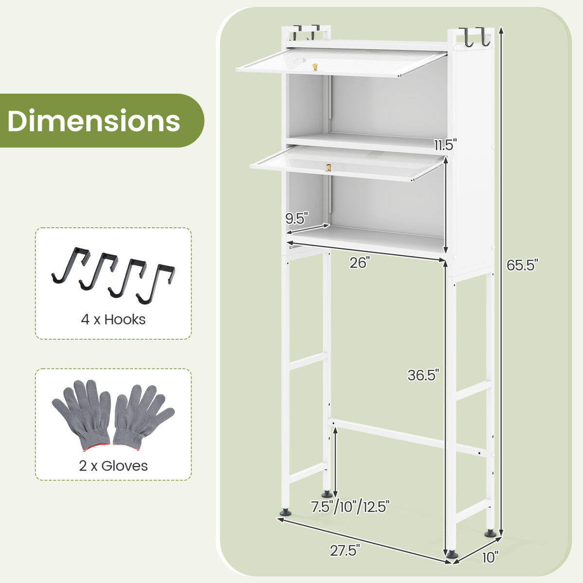 Over-the-Toilet Cabinet Storage Organizer with Flip-up Doors & Hooks, White