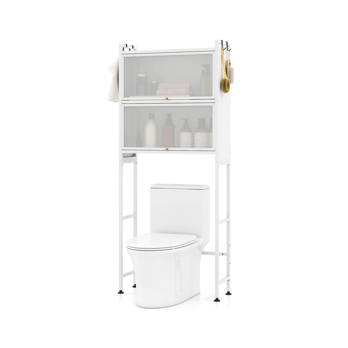 Over-the-Toilet Cabinet Storage Organizer with Flip-up Doors & Hooks, White