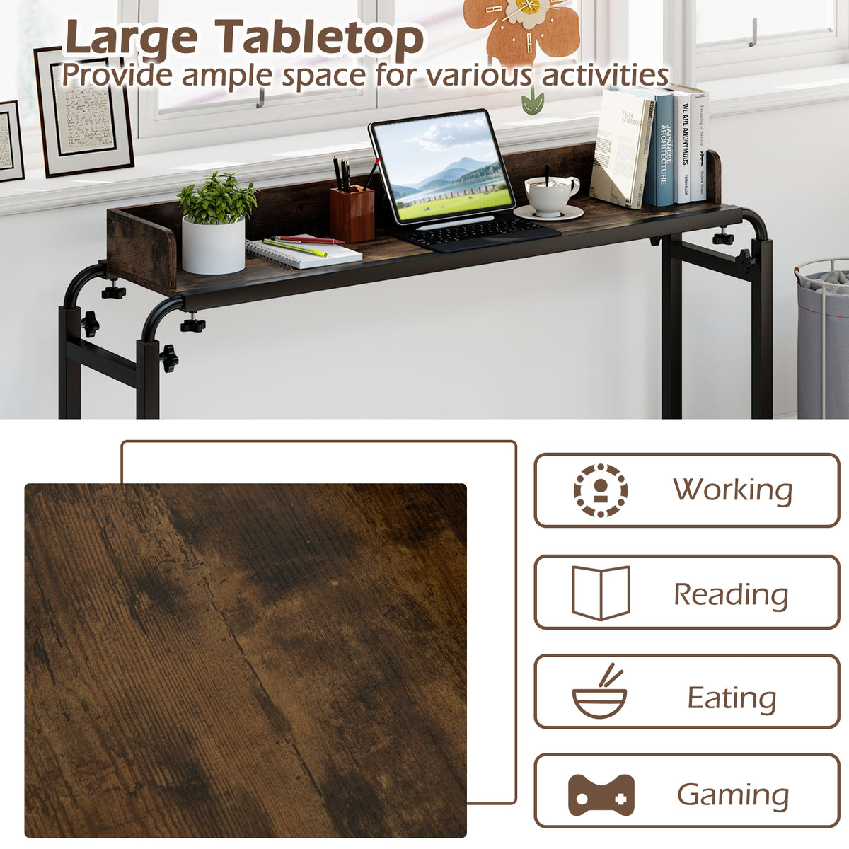 Overbed Desk with Wheels - Queen Size - Brown