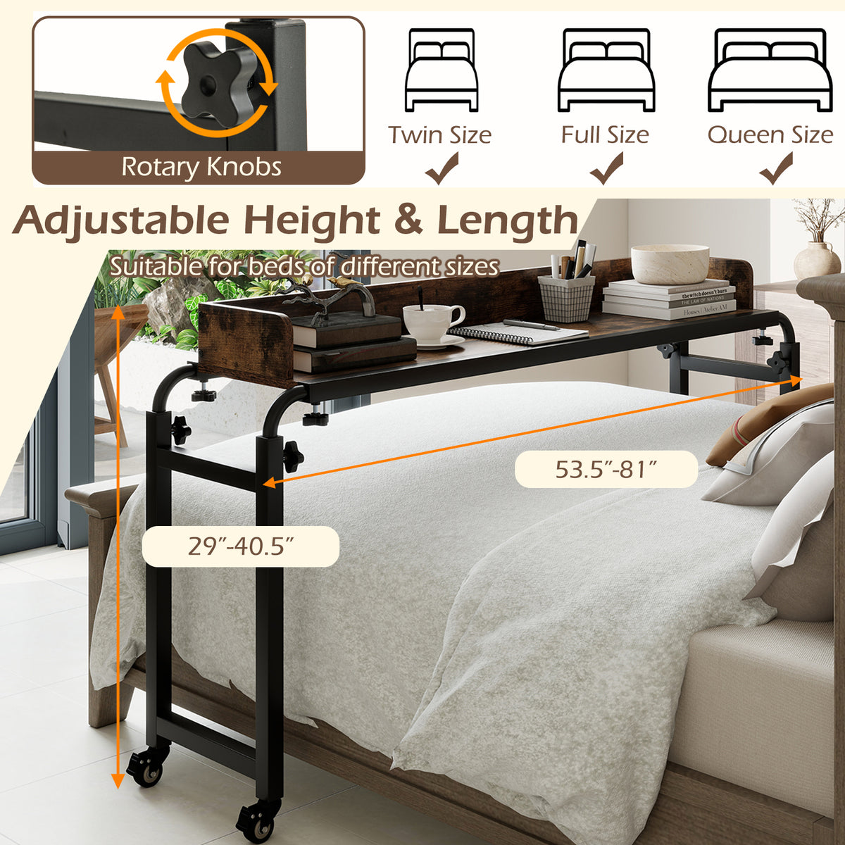 Overbed Desk with Wheels - Queen Size - Brown