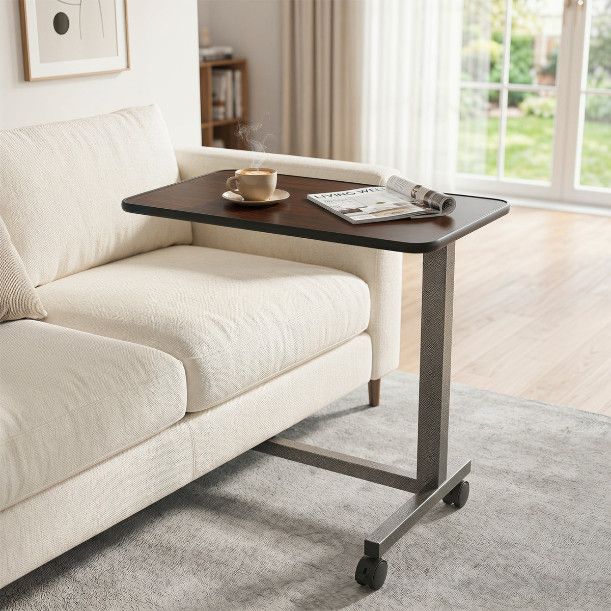 Overbed Table with Lockable Wheels and H-Shaped Base - Walnut