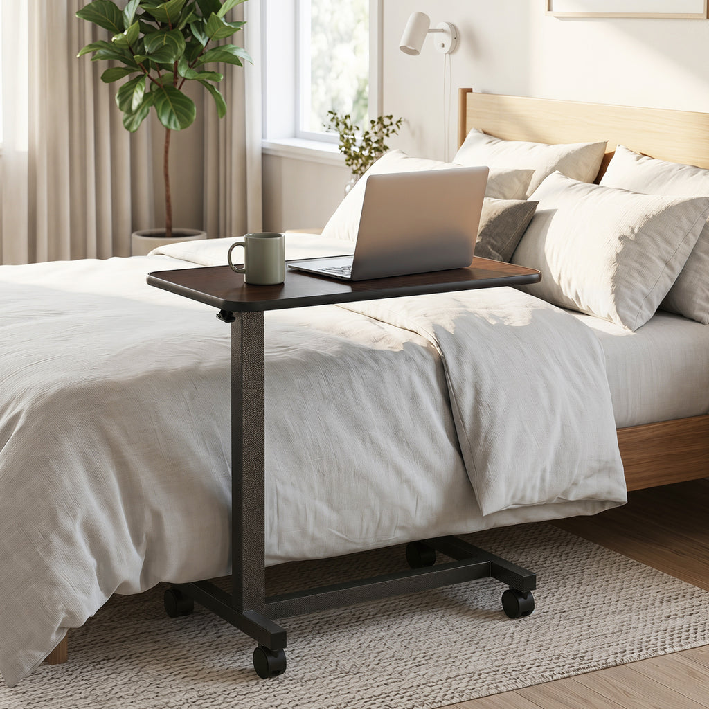 Overbed Table with Lockable Wheels and H-Shaped Base - Walnut