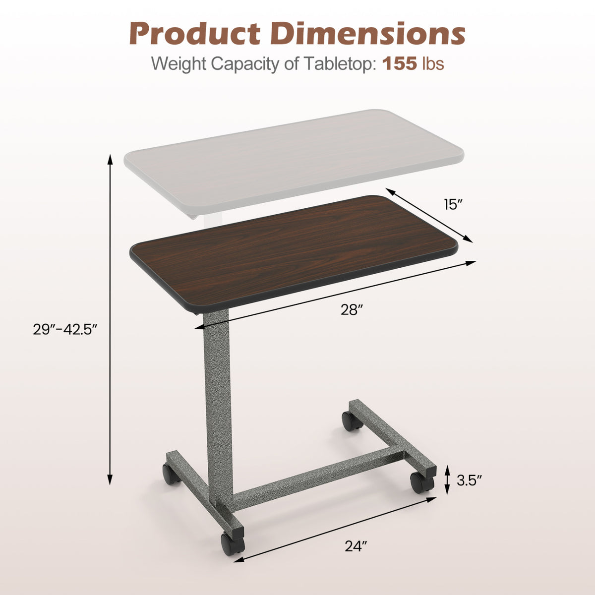 Overbed Table with Lockable Wheels and H-Shaped Base - Walnut