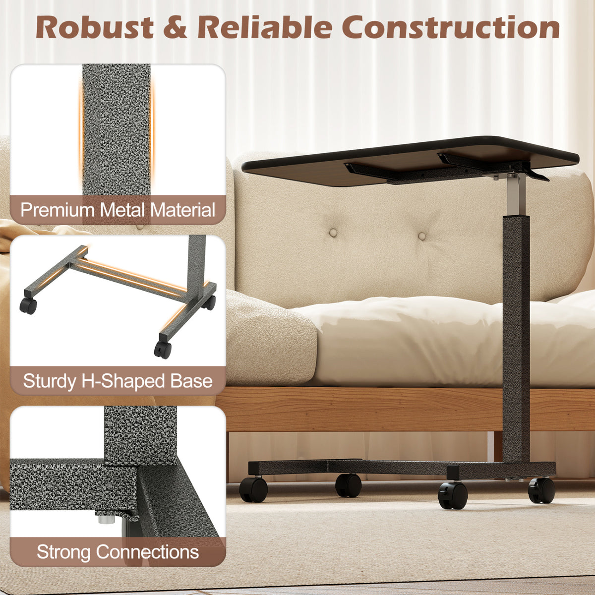 Overbed Table with Lockable Wheels and H-Shaped Base - Walnut