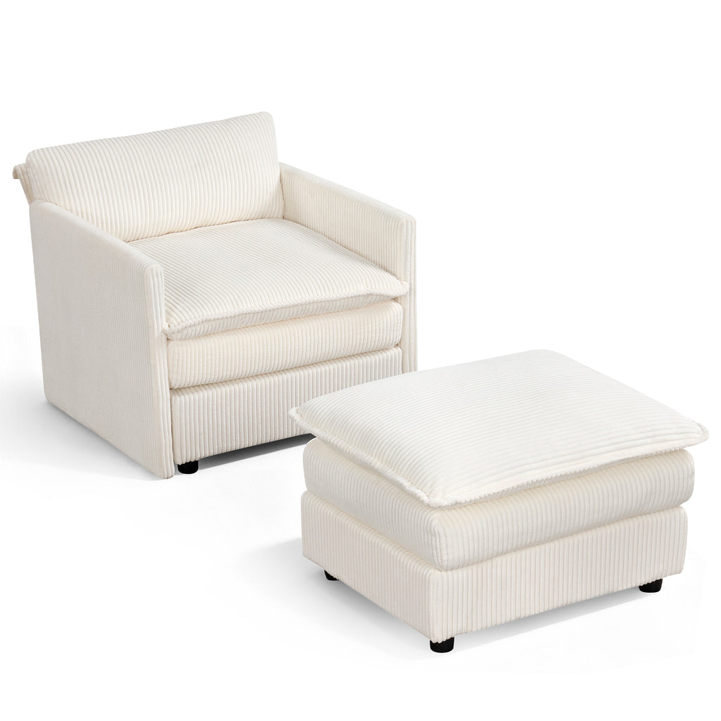 Beige Accent Chair with Ottoman – Soft Corduroy