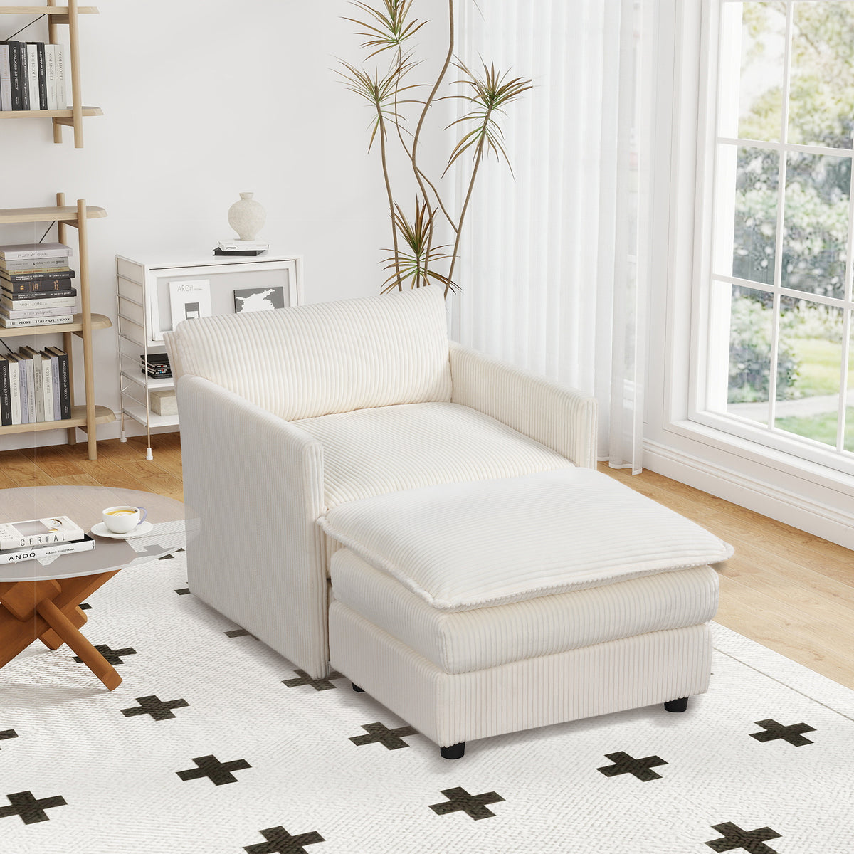 Beige Accent Chair with Ottoman – Soft Corduroy