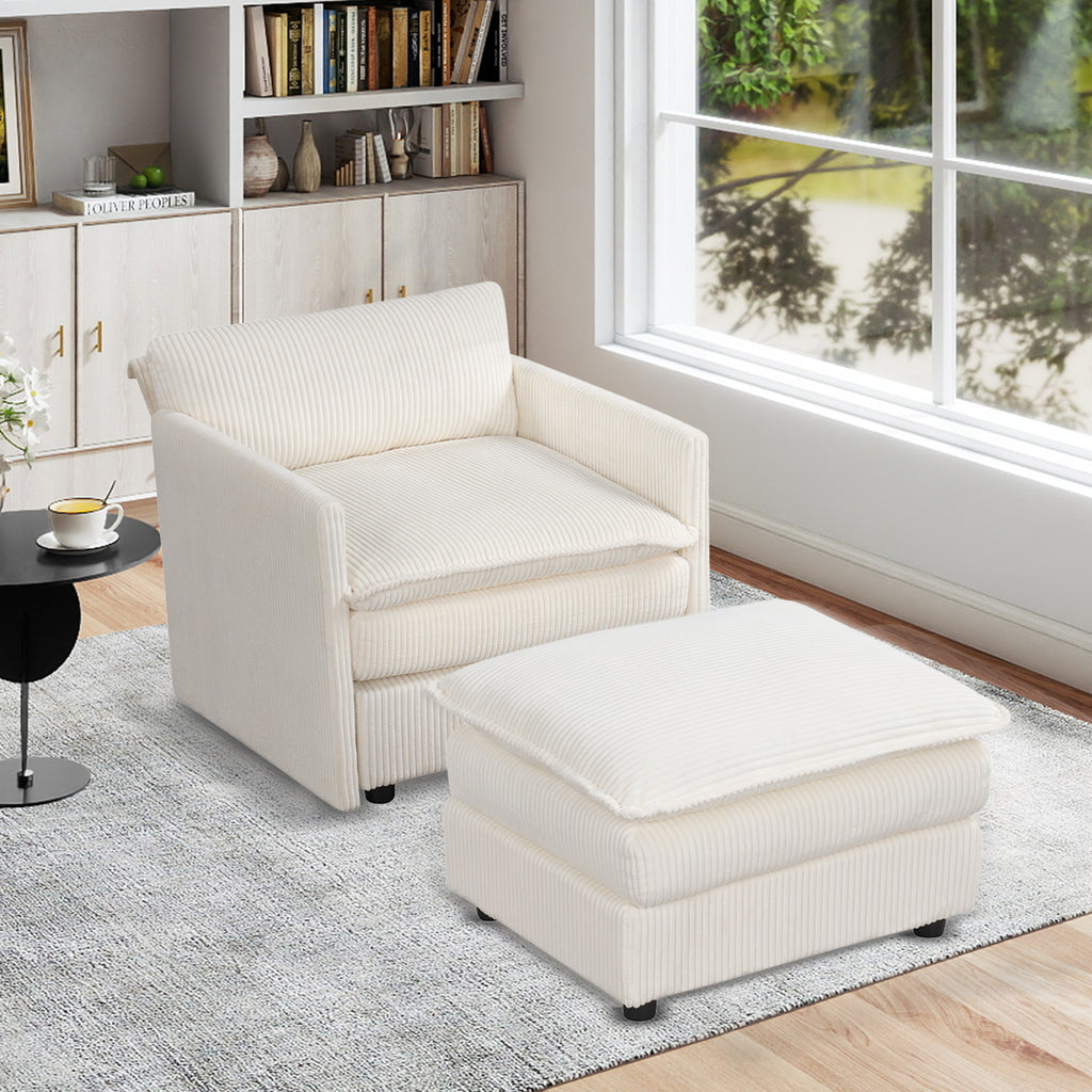 Beige Accent Chair with Ottoman – Soft Corduroy