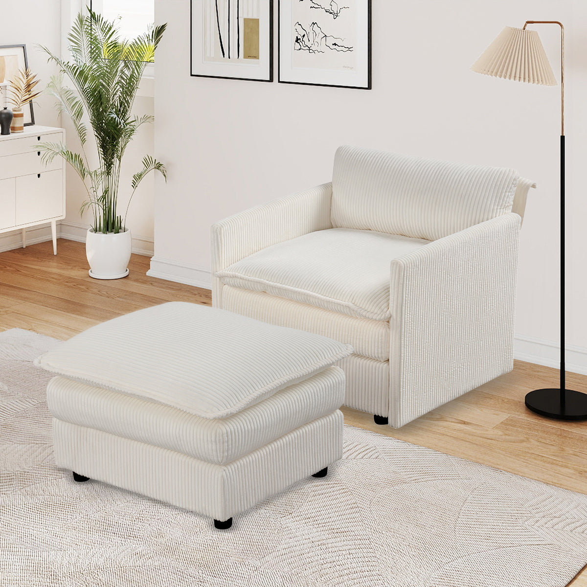 Beige Accent Chair with Ottoman – Soft Corduroy