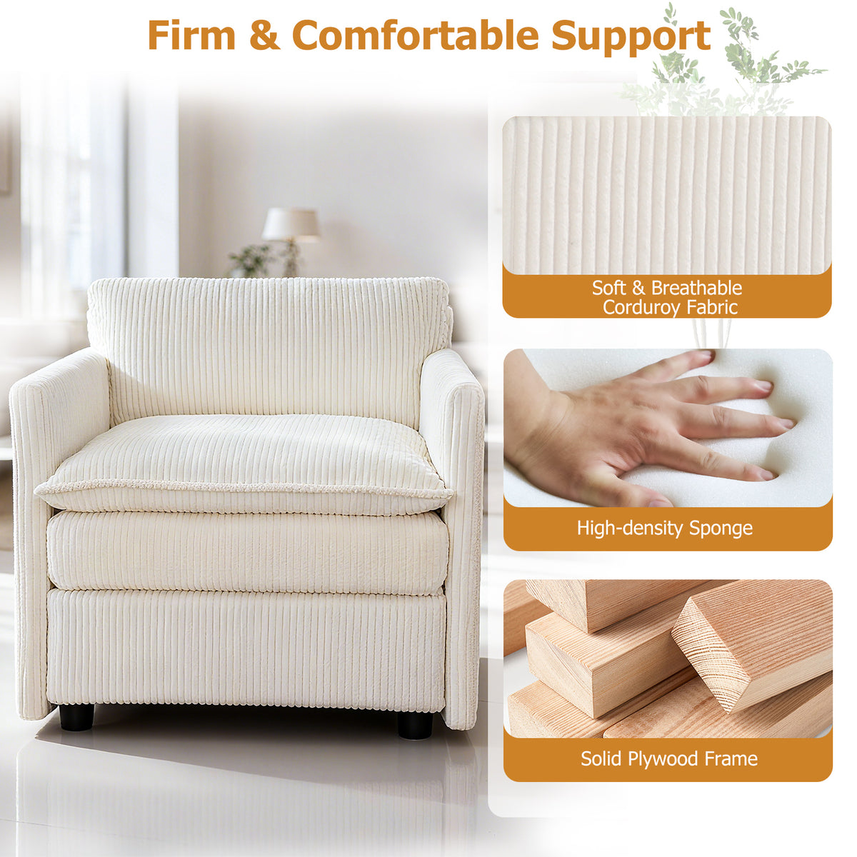 Beige Accent Chair with Ottoman – Soft Corduroy