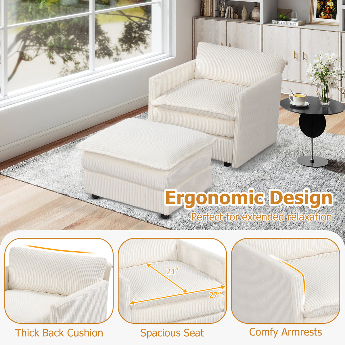 Beige Accent Chair with Ottoman – Soft Corduroy