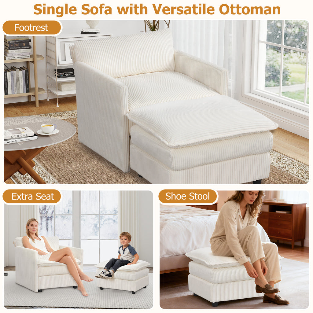Beige Accent Chair with Ottoman – Soft Corduroy
