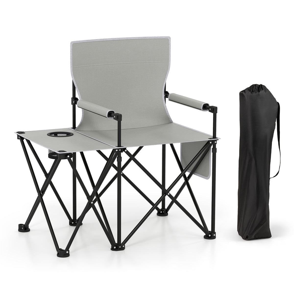 Oversized Camping Chair with Side Table & Storage Pockets - Gray