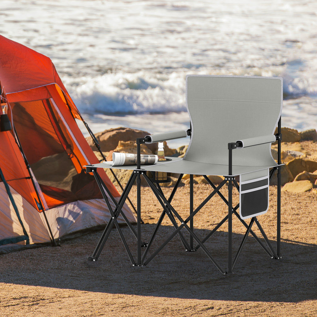 Oversized Camping Chair with Side Table & Storage Pockets - Gray