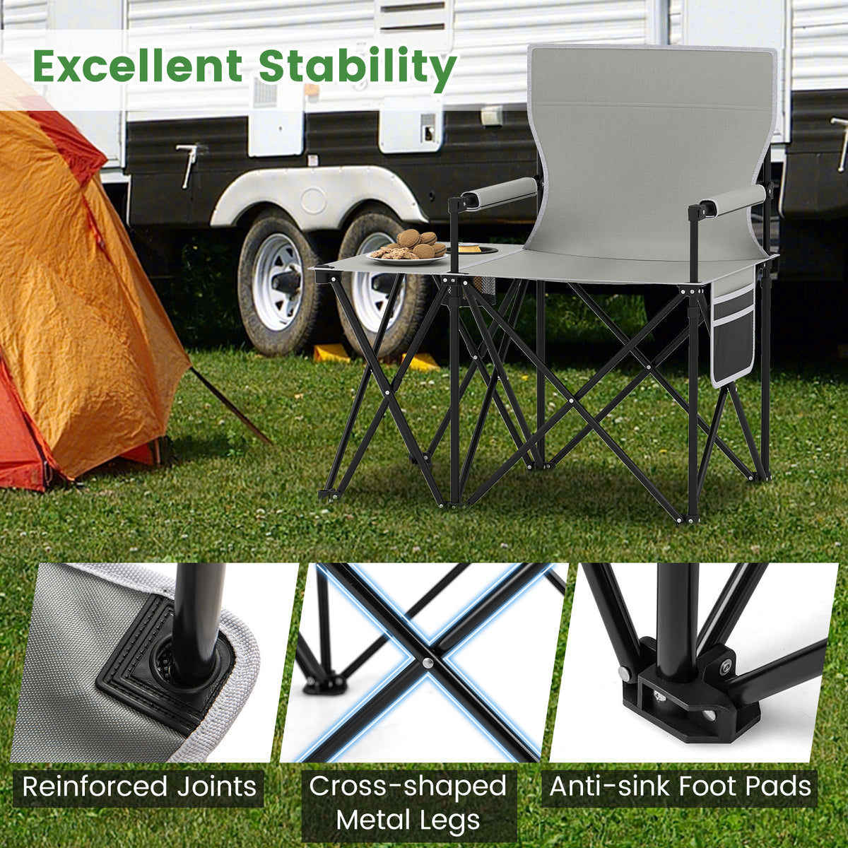 Oversized Camping Chair with Side Table & Storage Pockets - Gray