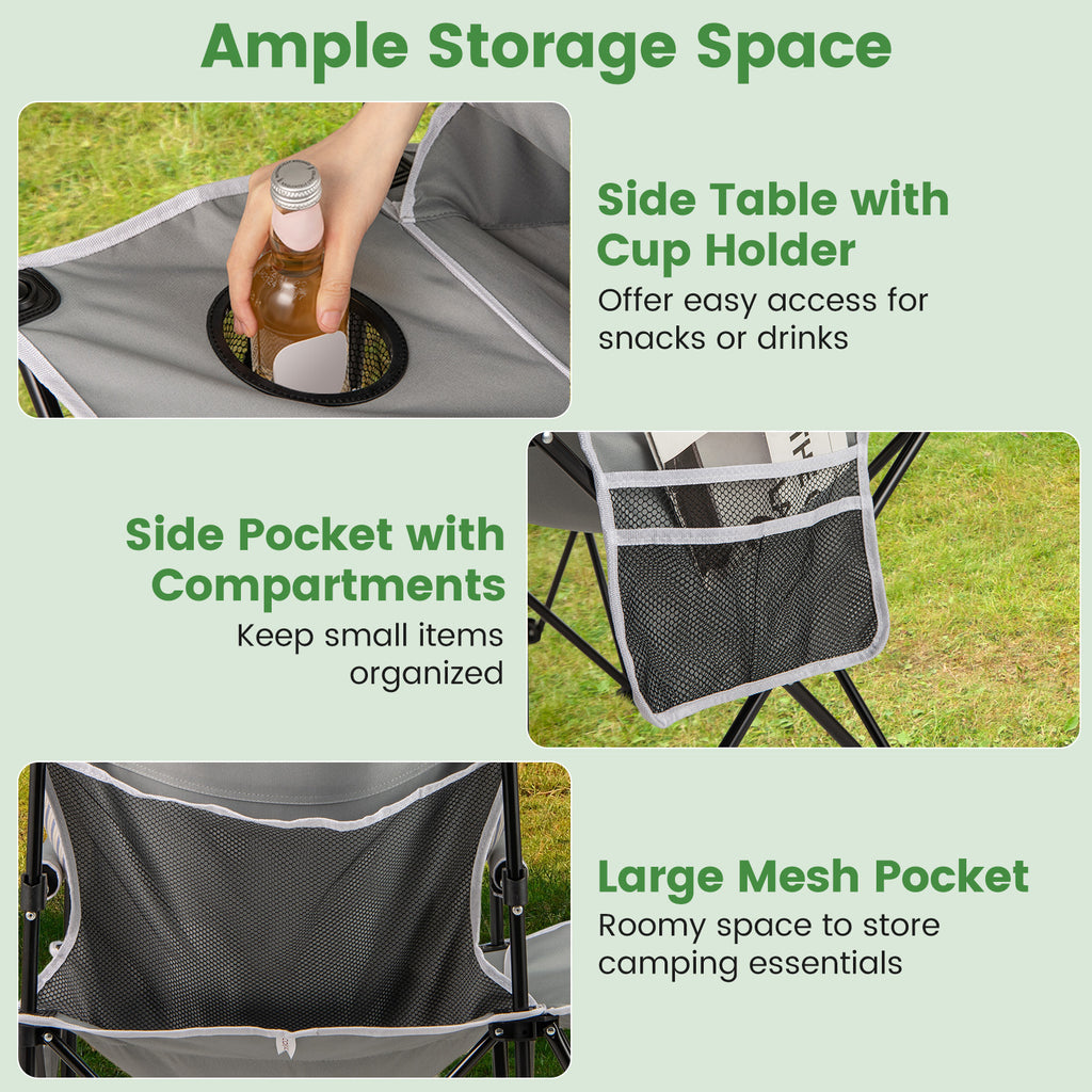 Oversized Camping Chair with Side Table & Storage Pockets - Gray