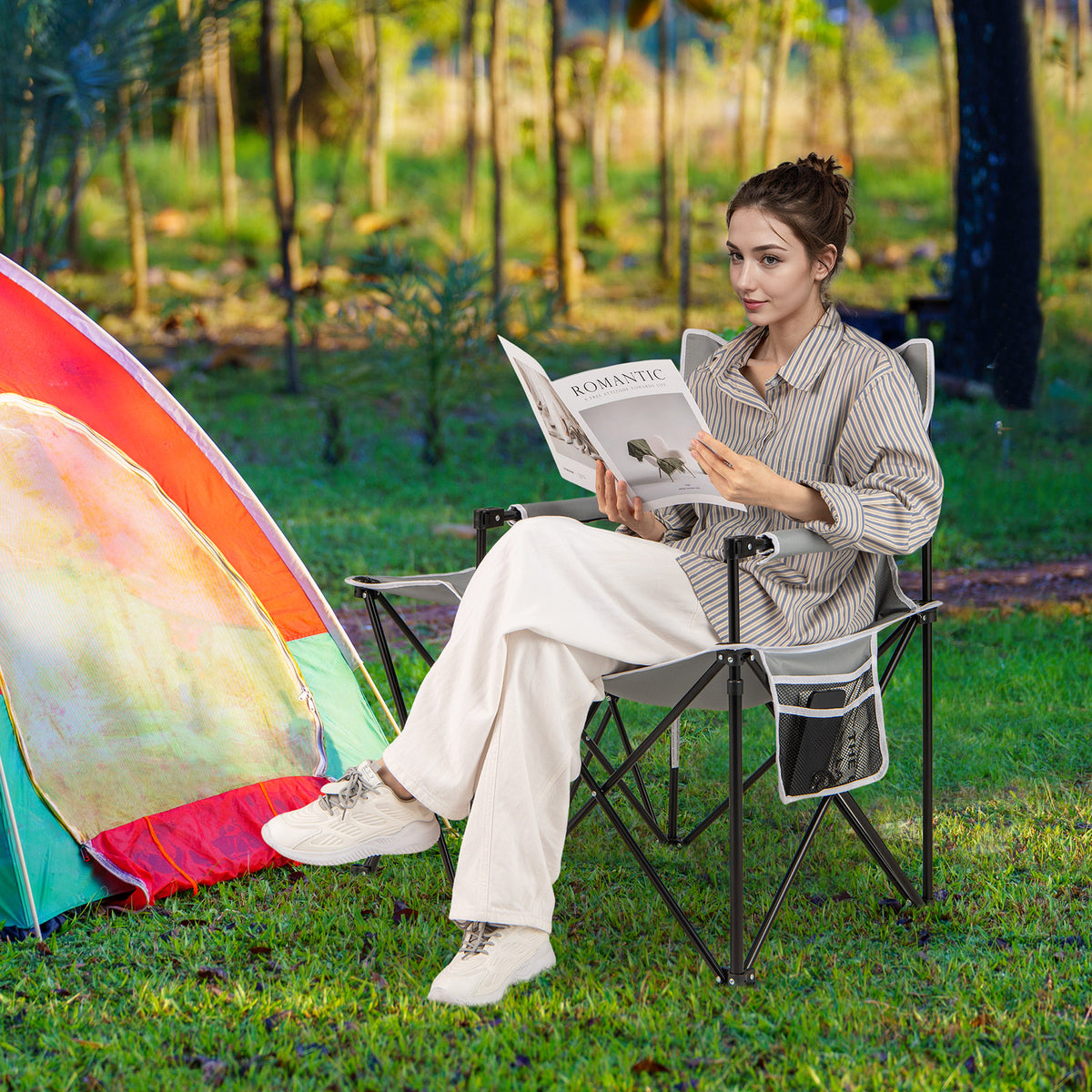 Oversized Camping Chair with Side Table & Storage Pockets - Gray