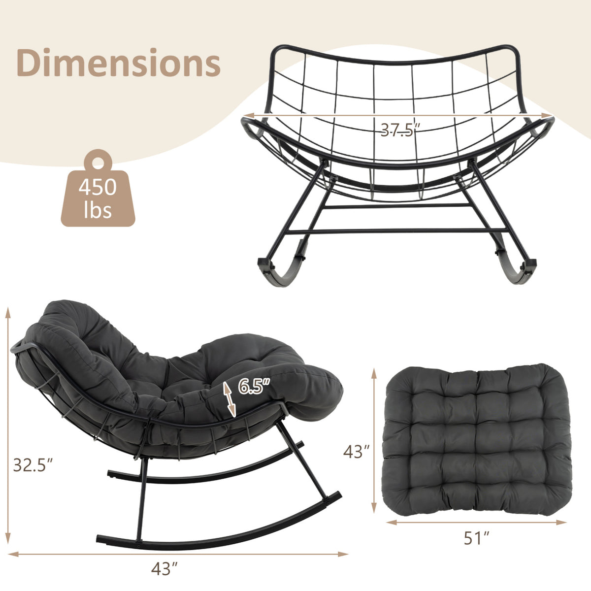 Oversized Egg Papasan Chair with Padded Cushion for Porch