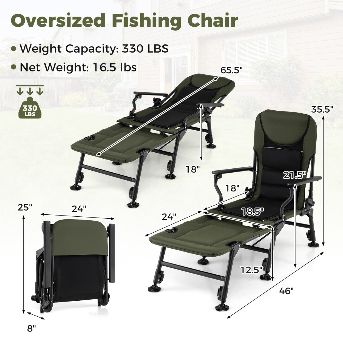 Foldable Fishing Chair with Detachable Footrest - Green