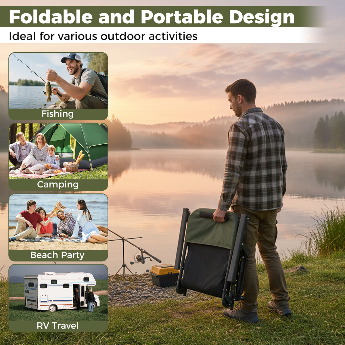 Foldable Fishing Chair with Detachable Footrest - Green