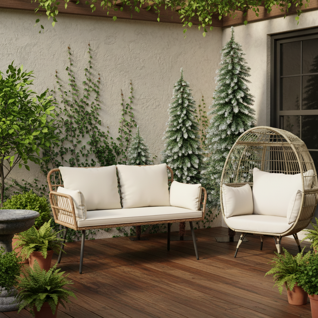 Oversized Rattan Egg Lounge Chair & 2-Seat Sofa with Cushions