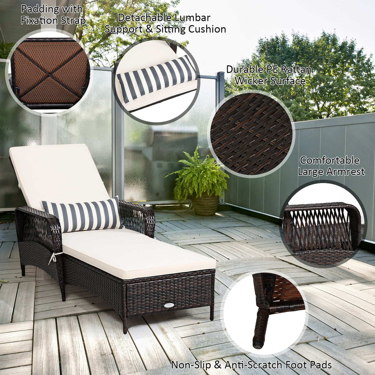 Outdoor Wicker Chaise Lounge Chair with Adjustable Backrest - Brown