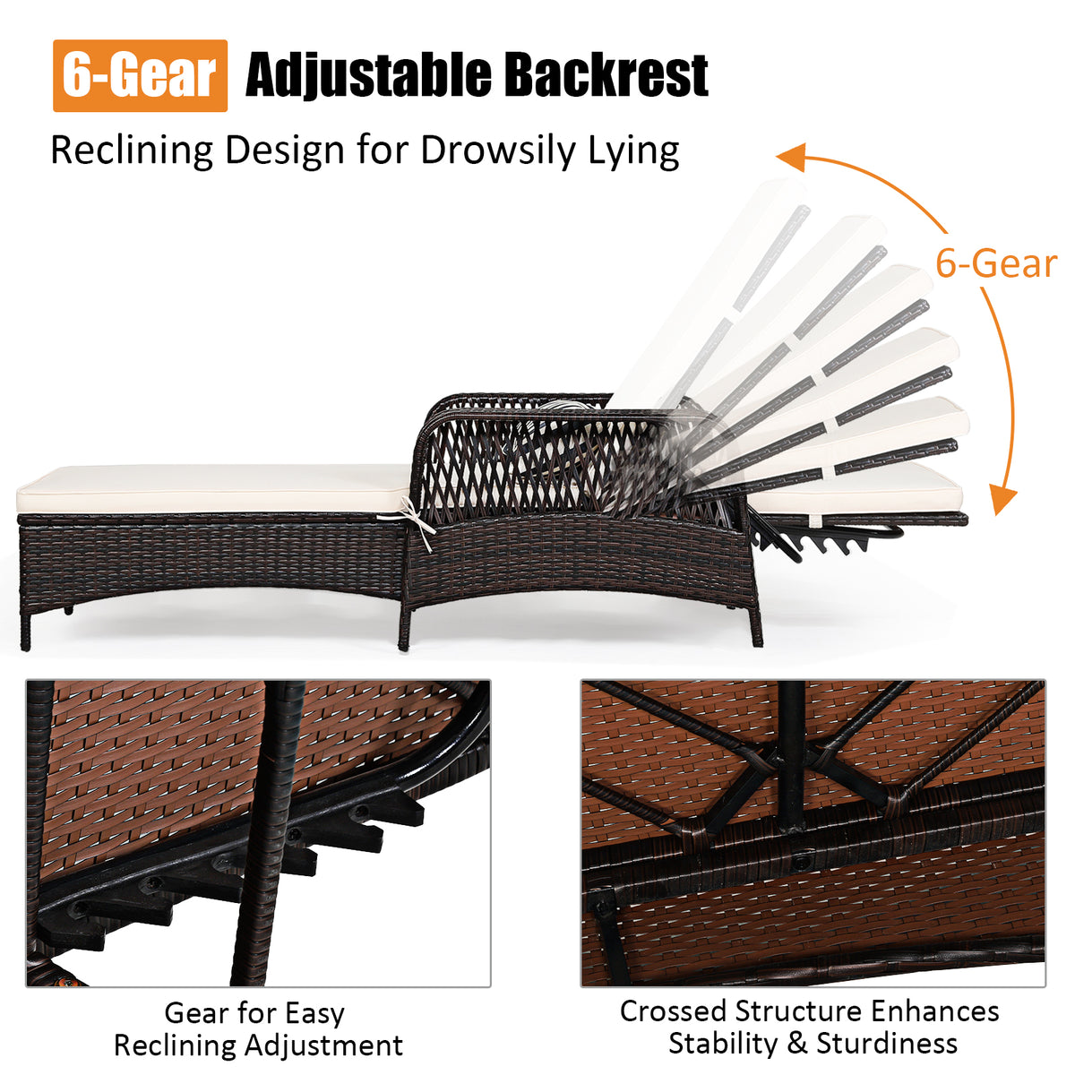 Outdoor Wicker Chaise Lounge Chair with Adjustable Backrest - Brown