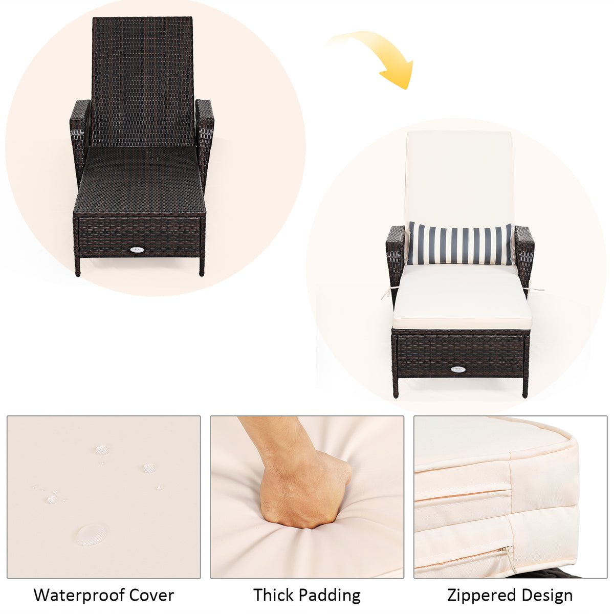 Outdoor Wicker Chaise Lounge Chair with Adjustable Backrest - Brown