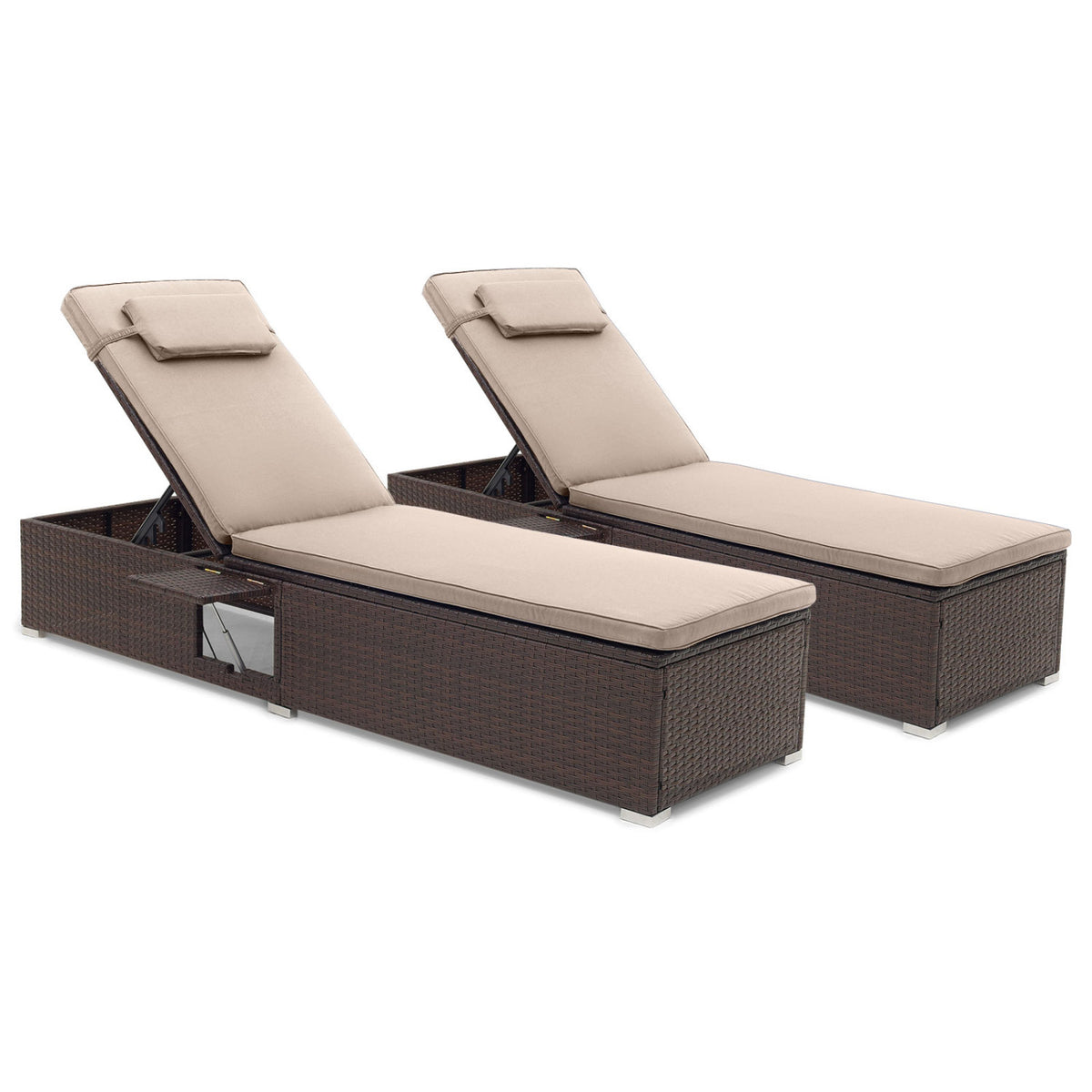 PE Rattan Chaise Lounge Set of 2 with 6-Position Adjustable Backrest