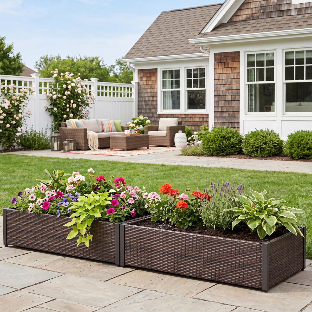 PE Rattan Elevated Raised Garden Bed with Open-Ended Base