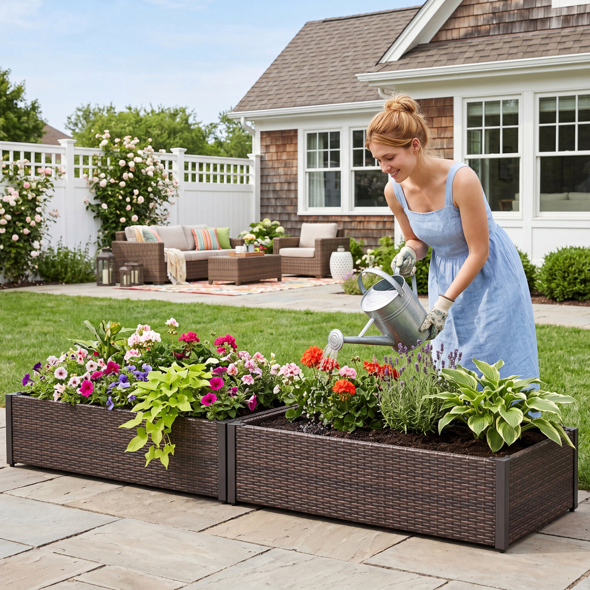 PE Rattan Elevated Raised Garden Bed with Open-Ended Base