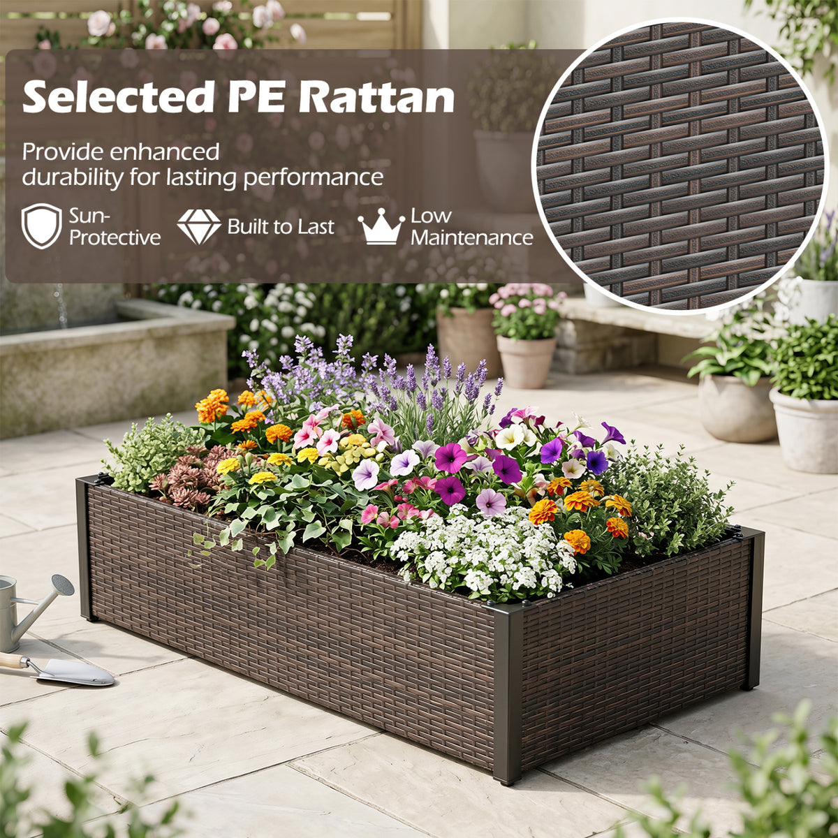 PE Rattan Elevated Raised Garden Bed with Open-Ended Base