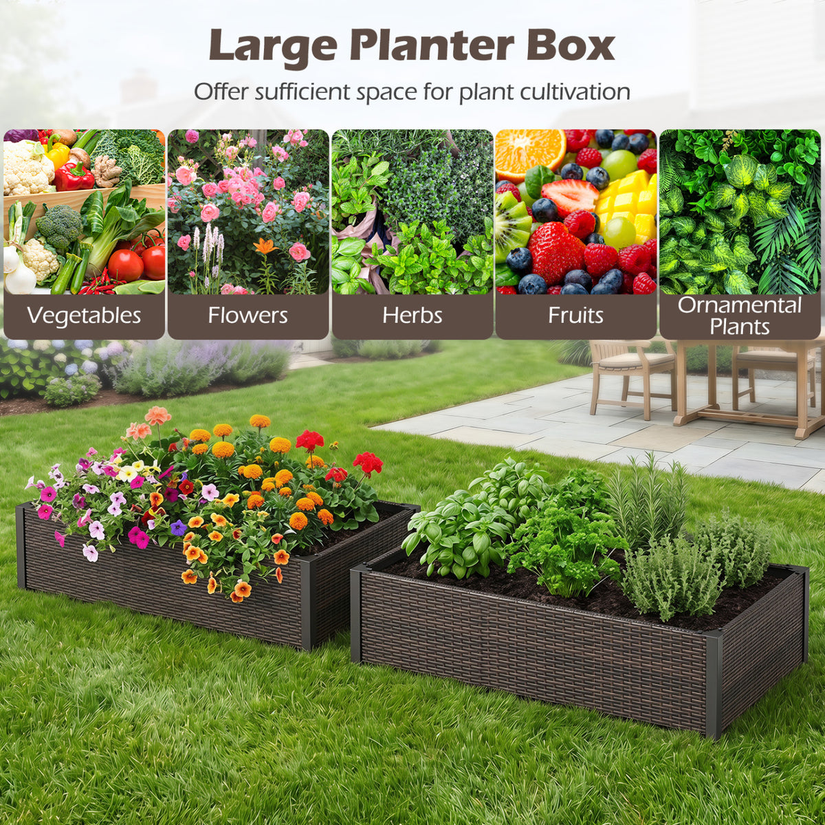 PE Rattan Elevated Raised Garden Bed with Open-Ended Base