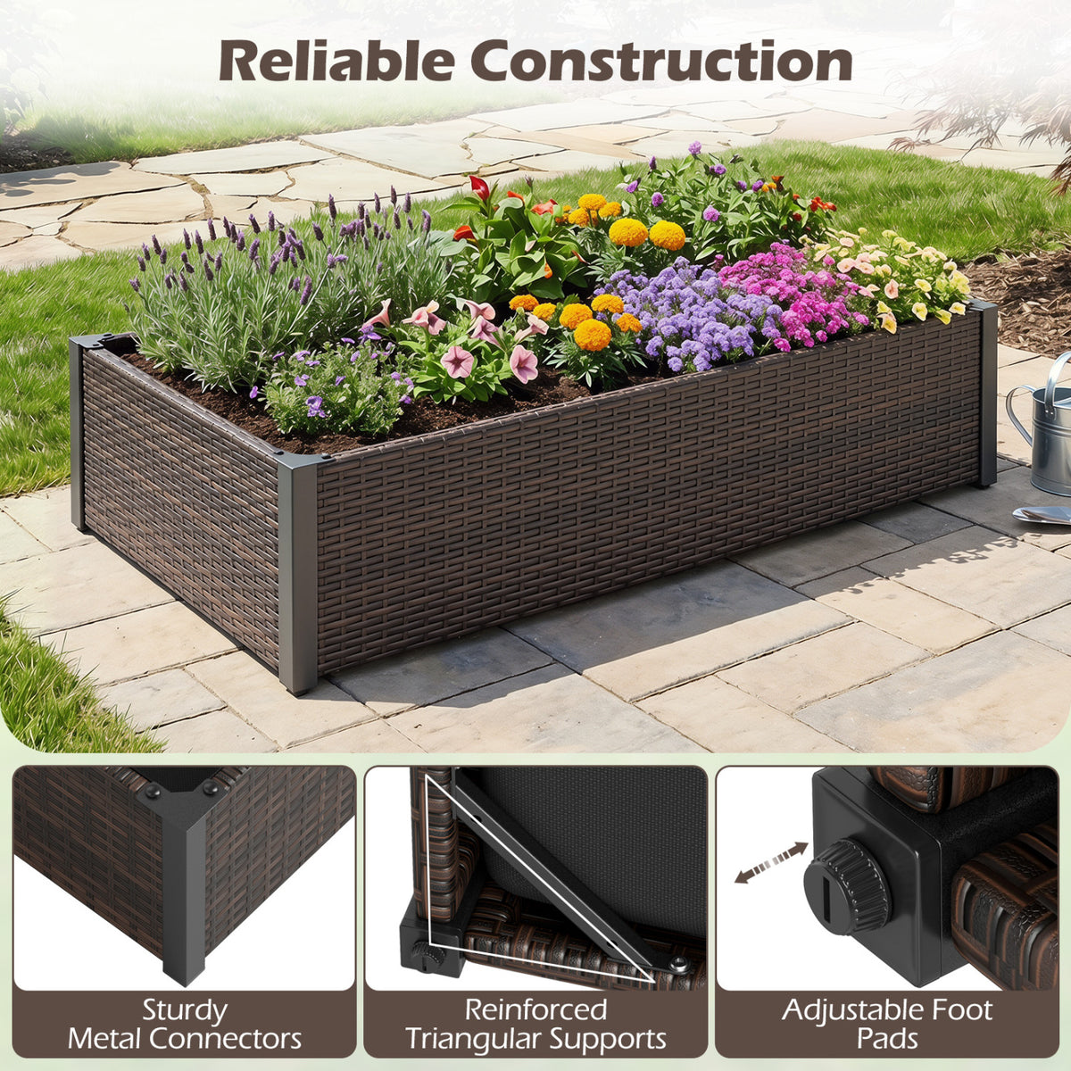 PE Rattan Elevated Raised Garden Bed with Open-Ended Base