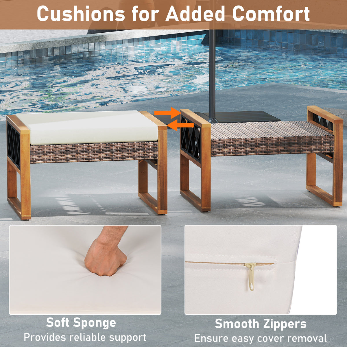 PE Rattan Wicker Ottomans Set of 2 with Cushions - Beige