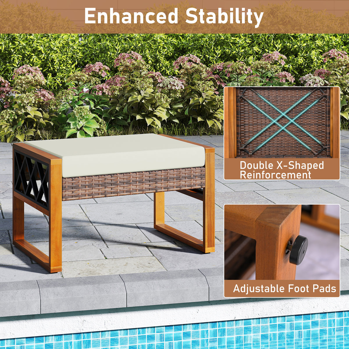 PE Rattan Wicker Ottomans Set of 2 with Cushions - Beige