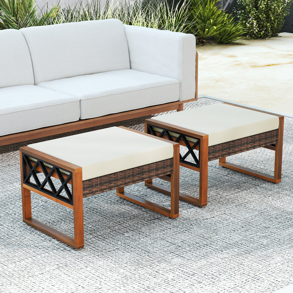 PE Rattan Wicker Ottomans Set of 2 with Cushions - Beige
