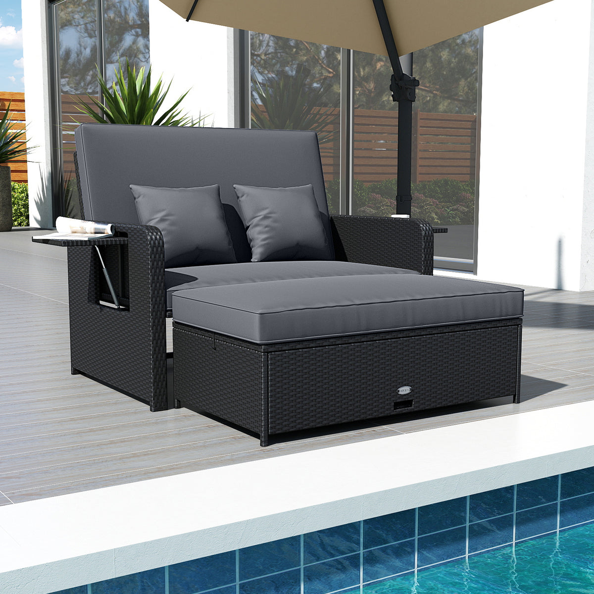 PE Wicker Outdoor Daybed w/ 4-Level Backrest & Storage Ottoman - Gray