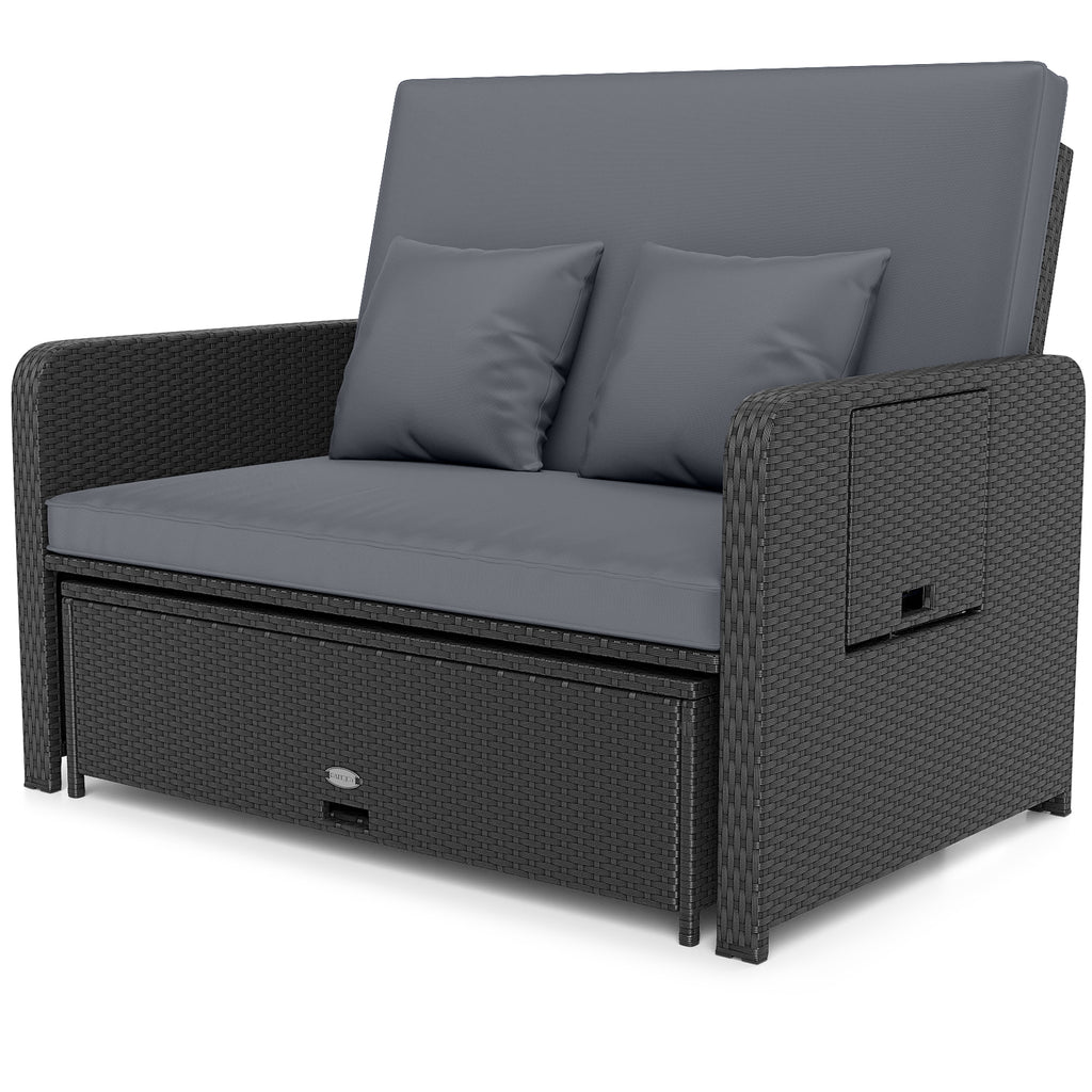 PE Wicker Outdoor Daybed w/ 4-Level Backrest & Storage Ottoman - Gray