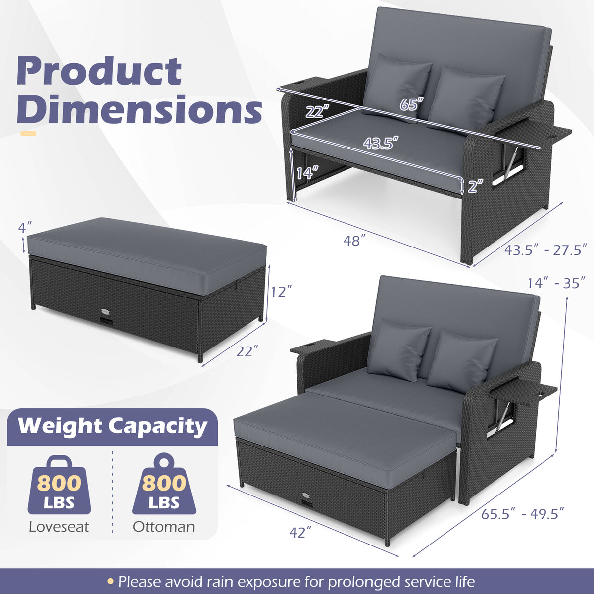 PE Wicker Outdoor Daybed w/ 4-Level Backrest & Storage Ottoman - Gray