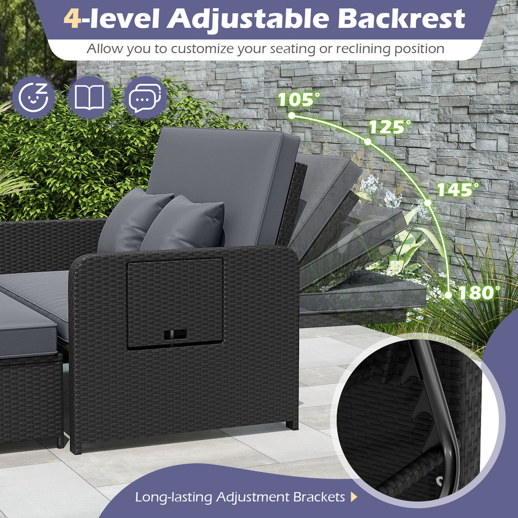 PE Wicker Outdoor Daybed w/ 4-Level Backrest & Storage Ottoman - Gray