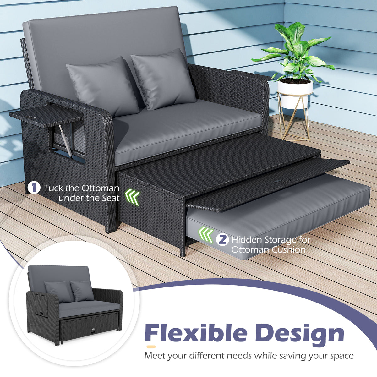 PE Wicker Outdoor Daybed w/ 4-Level Backrest & Storage Ottoman - Gray